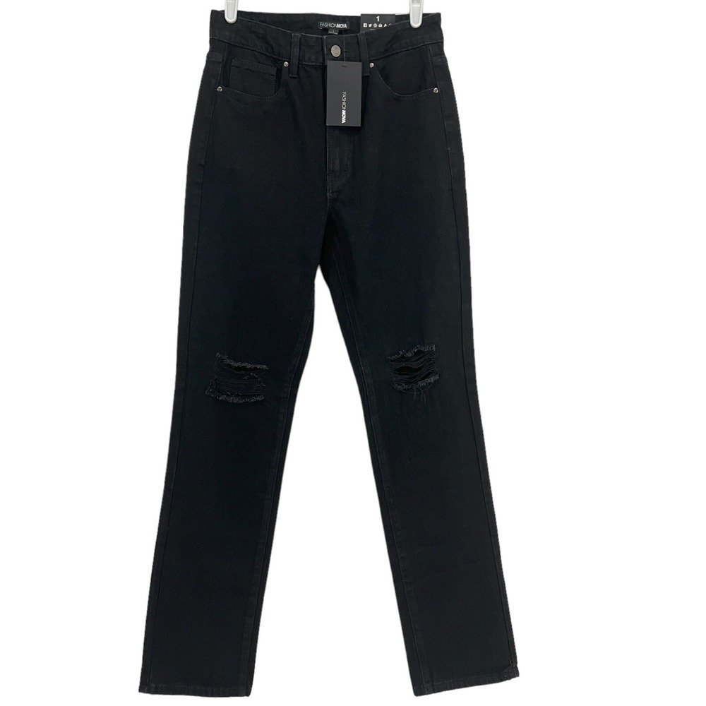 Fashion Nova Women's Denim Jeans Size 1 Straight Leg High Rise Black Cotton NWT